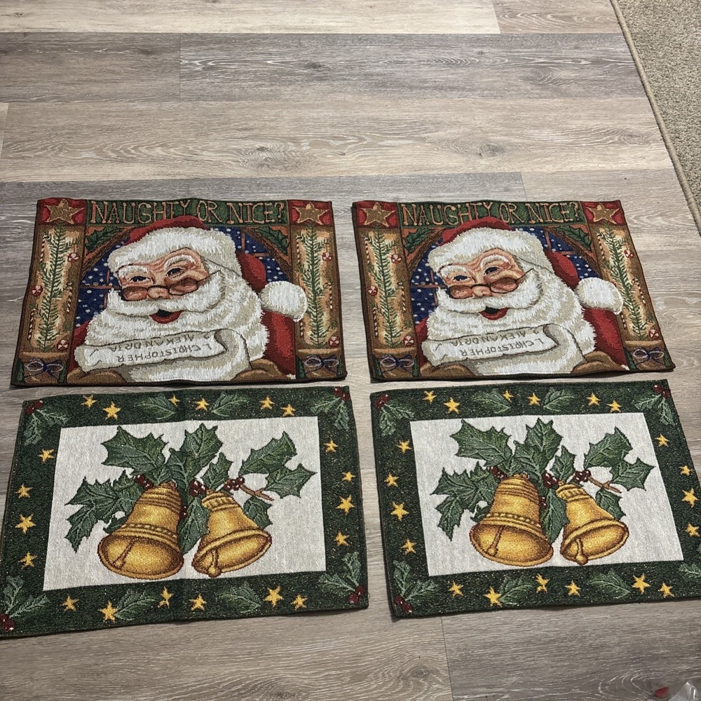 Lot of 4 Christmas Tapestry Placemats 13x19 Santa Naughty Or Nice & Holly Bells